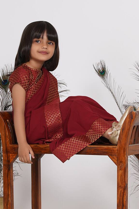Little Bansi Maroon Brocade Pre-draped Saree With Blouse For Girls 5