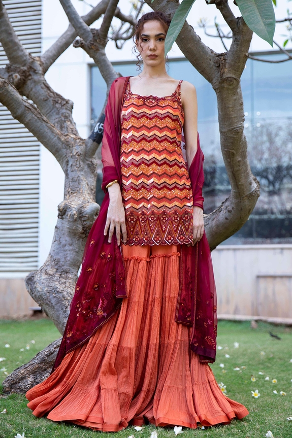 Buy Labbada Orange Embroidered Kurta Gharara Set Online | Aza Fashions