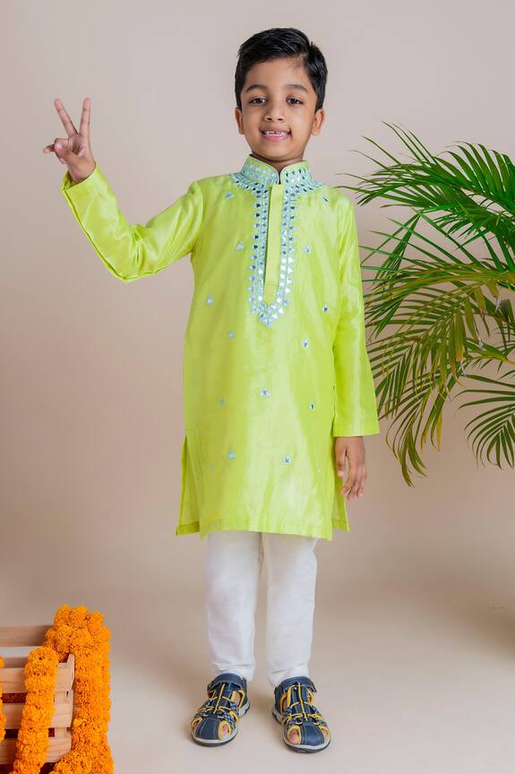 Lil Angels Green Tussar Silk Kurta Set For Boys 0