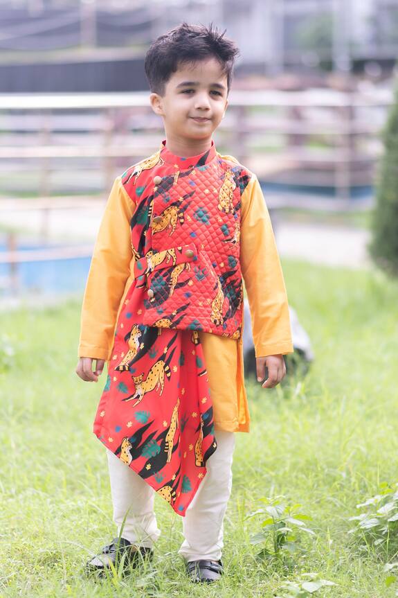 Lil Angels Orange Printed Kurta Set For Boys 0