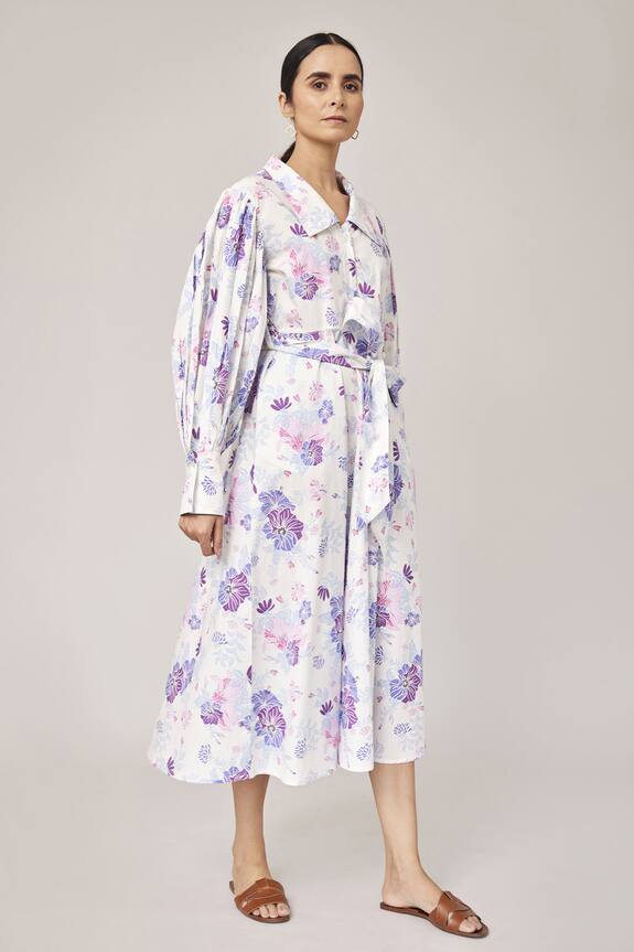 Pallavi Kandoi Purple Cotton Puff Sleeve Floral Print Dress 4