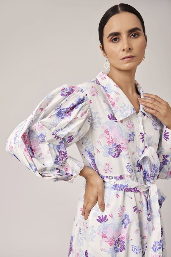 Pallavi Kandoi Purple Cotton Puff Sleeve Floral Print Dress 5