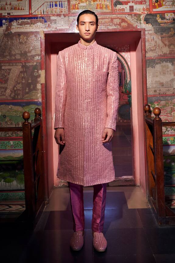 Bindani by Jigar & Nikita Purple Mukaish Sherwani And Pant Set 0