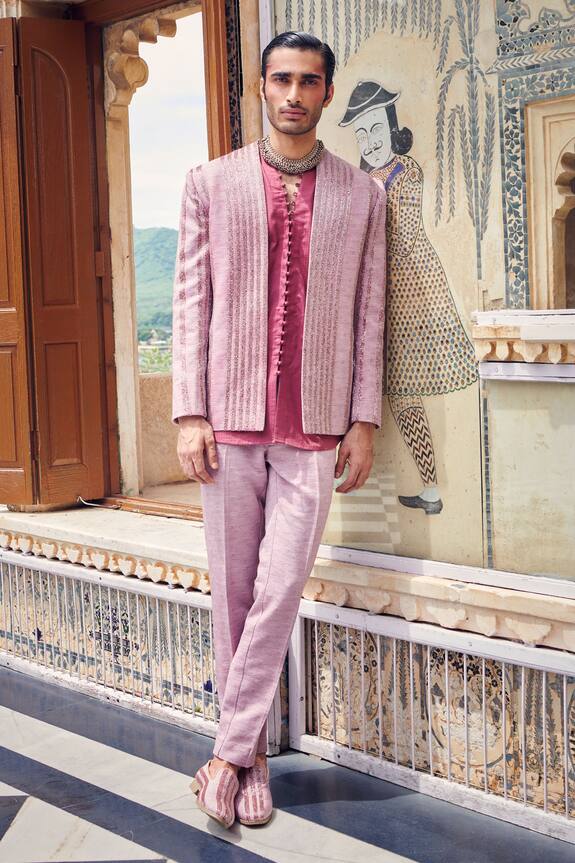 Bindani by Jigar & Nikita Purple Textured Open Jacket And Shirt Set 0