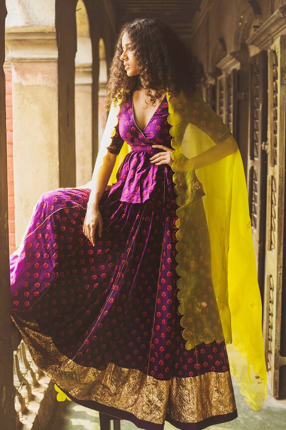 Label Earthen Yellow Cotton Mal Printed Lehenga Set With Peplum Top 0