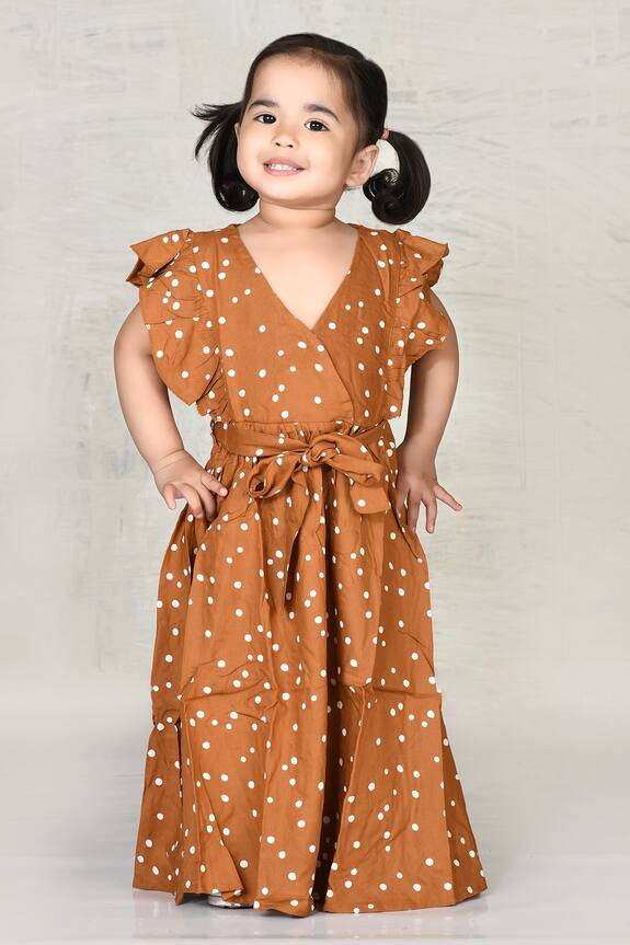 Arihant Rai Sinha Brown Polka Dot Frill Dress For Girls 0