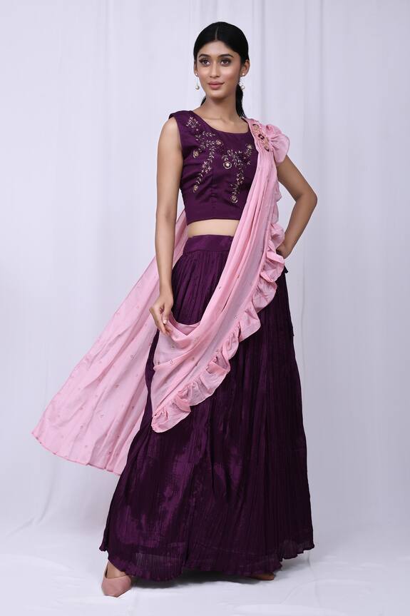 Arihant Rai Sinha Purple Art Silk Ruffle Pre-draped Lehenga And Choli Set 1