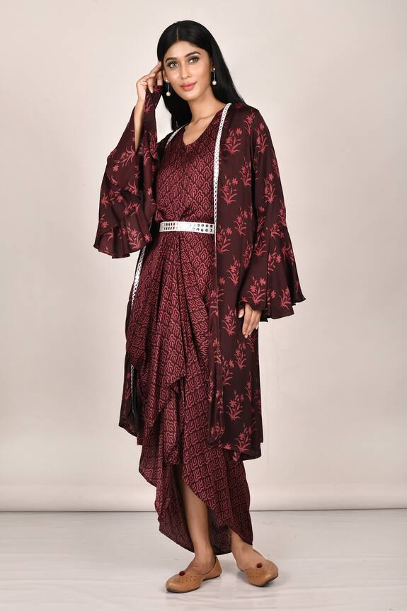 Khwaab by Sanjana Lakhani Black Satin Geometric Print Dress Jacket Set 1
