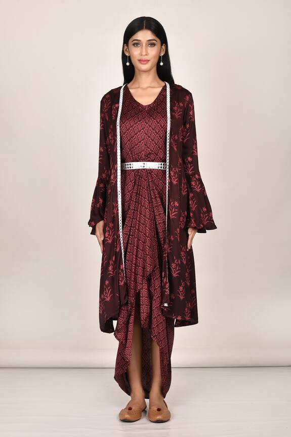 Khwaab by Sanjana Lakhani Black Satin Geometric Print Dress Jacket Set 4