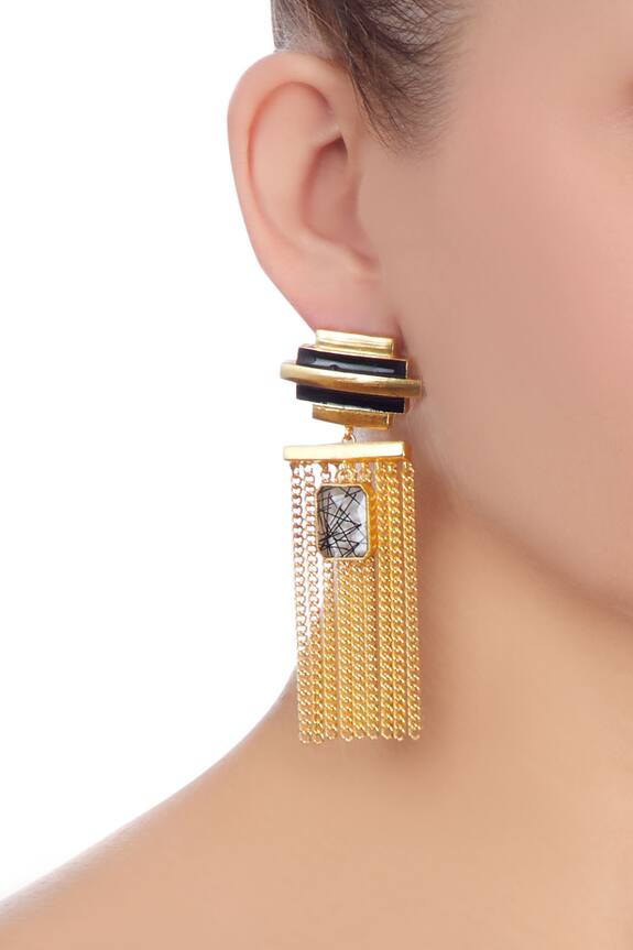 Masaya Jewellery Black And Gold Striped Earrings With Chain 2