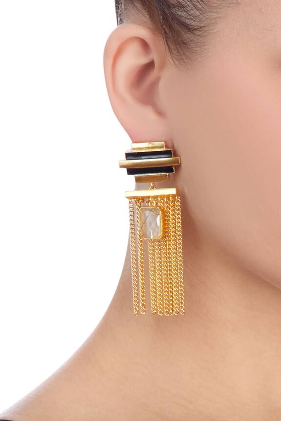 Masaya Jewellery Gold And Black Striped Earrings With Chain 2