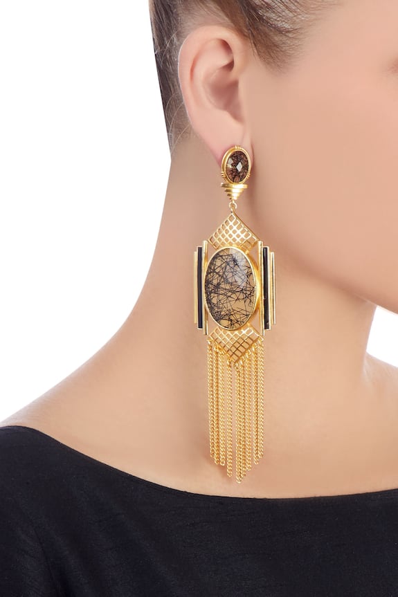Masaya Jewellery Gold Grid And Chain Earrings 2