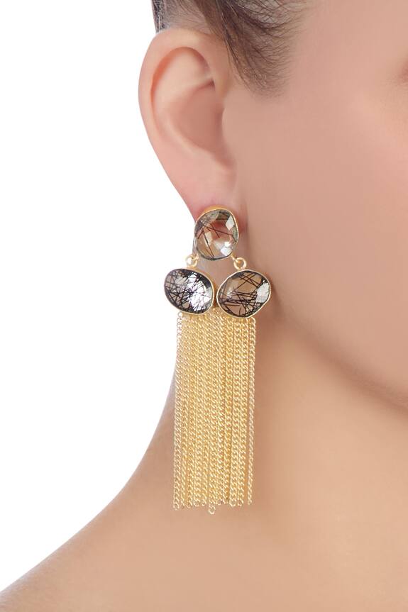 Masaya Jewellery Black Highlighted Stone With Gold Chained Earrings 2