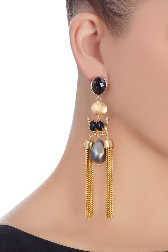 Masaya Jewellery Gold And Black Earrings With Grey Stone 2