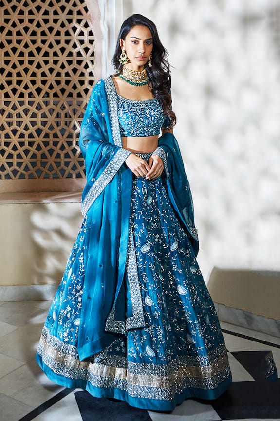 Buy Mishru Blue Velvet Embroidered Lehenga Set Online | Aza Fashions