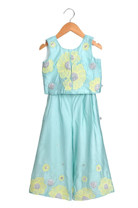 Mi Dulce An'ya Blue Embroidered Crop Top And Palazzo Set For Girls 1