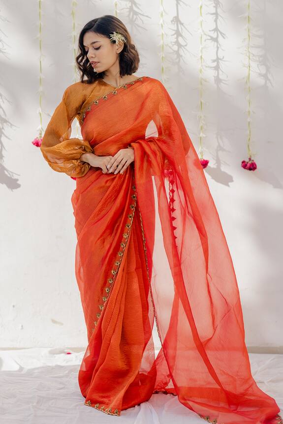 Mimamsaa Orange Tissue Silk Embroidered Saree 2