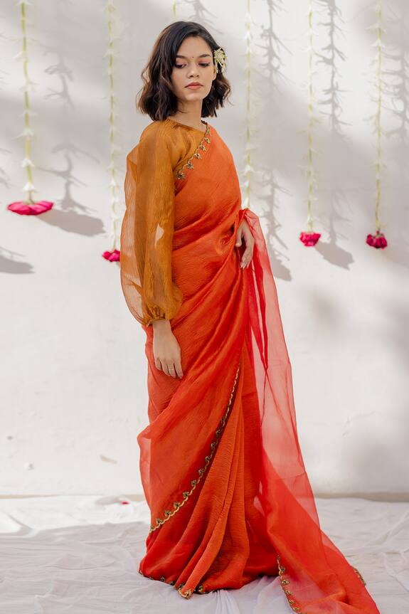 Mimamsaa Orange Tissue Silk Embroidered Saree 5