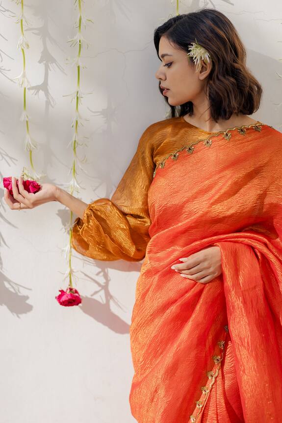 Mimamsaa Orange Tissue Silk Embroidered Saree 6