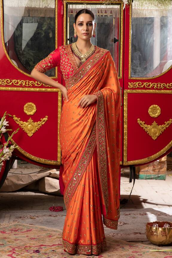 Megha & Jigar Orange Satin Georgette Embroidered Saree With Blouse 1
