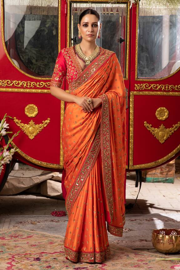 Megha & Jigar Orange Satin Georgette Embroidered Saree With Blouse 3