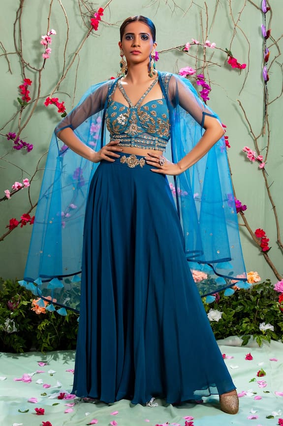 Buy_Miku Kumar_Blue Georgette Embroidered Cape And Palazzo Pant Set_at_Aza_Fashions