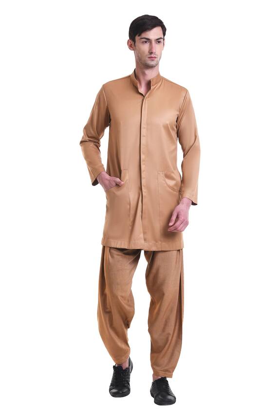 Saksham Neharicka Brown Cotton Suitings Plain Kurta And Pant Set 0