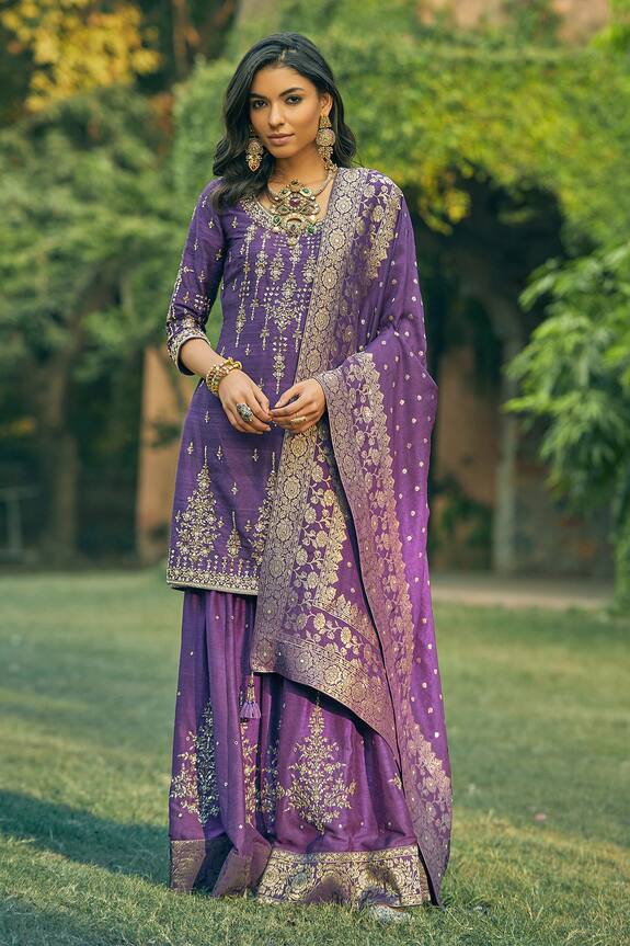 Buy Matsya Purple Raw Silk Embroidered Kurta Set Online | Aza Fashions