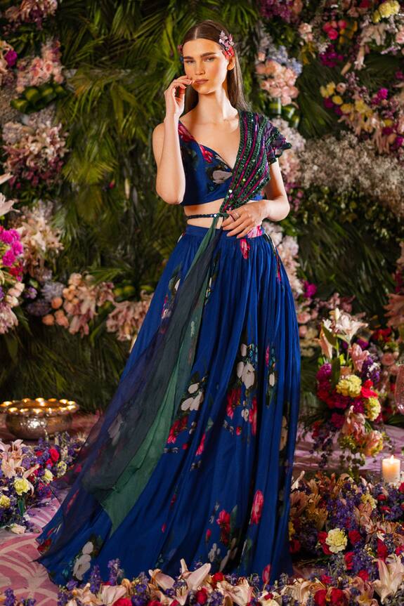 Mahima Mahajan Blue Silk Organza Floral Print Lehenga Set 1
