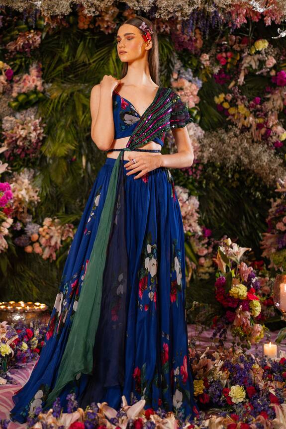 Mahima Mahajan Blue Silk Organza Floral Print Lehenga Set 4