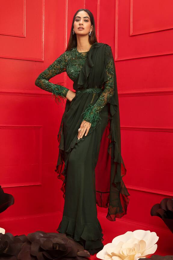 Mahima Mahajan Green Georgette Ruffle Saree With Embroidered Blouse 1