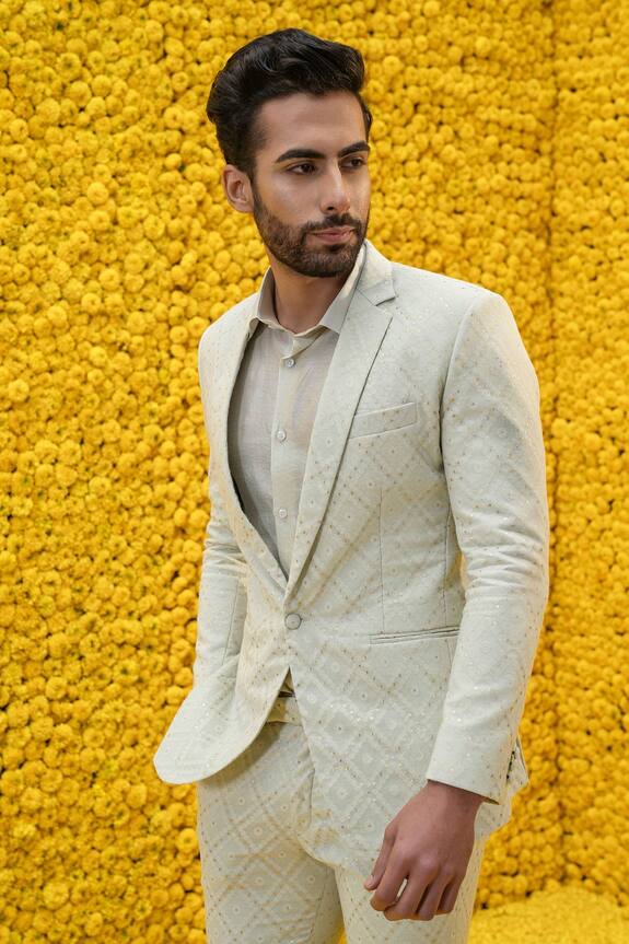 Buy_Mahima Mahajan_Green Rab Banarasi Chanderi Blazer And Pant Set_Online_at_Aza_Fashions
