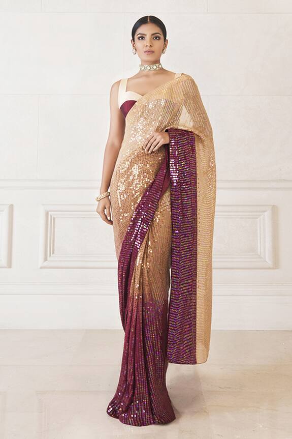 Manish Malhotra Beige Chiffon Sequin Embellished Saree With Blouse 3