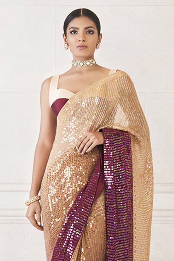 Manish Malhotra Beige Chiffon Sequin Embellished Saree With Blouse 4