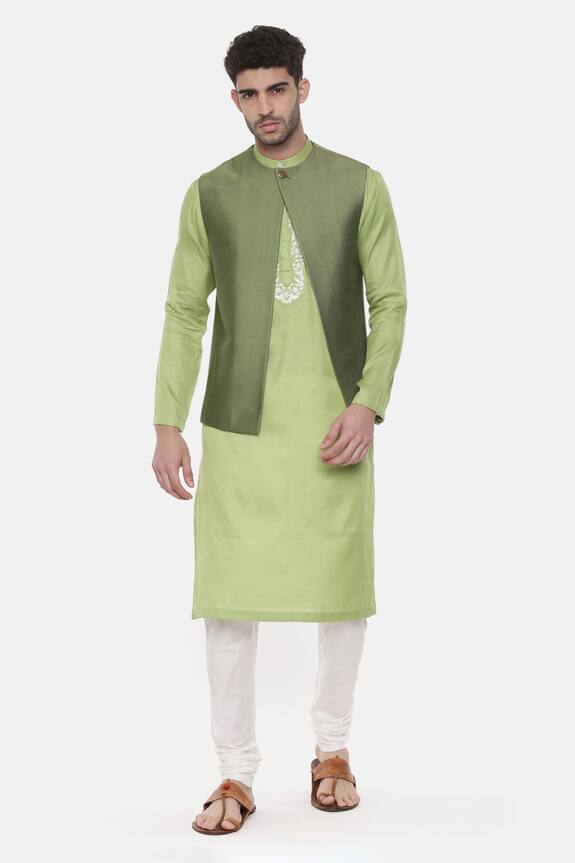 Mayank Modi - Men Green Silk Cotton Pintuck Embroidered Nehru Jacket 0