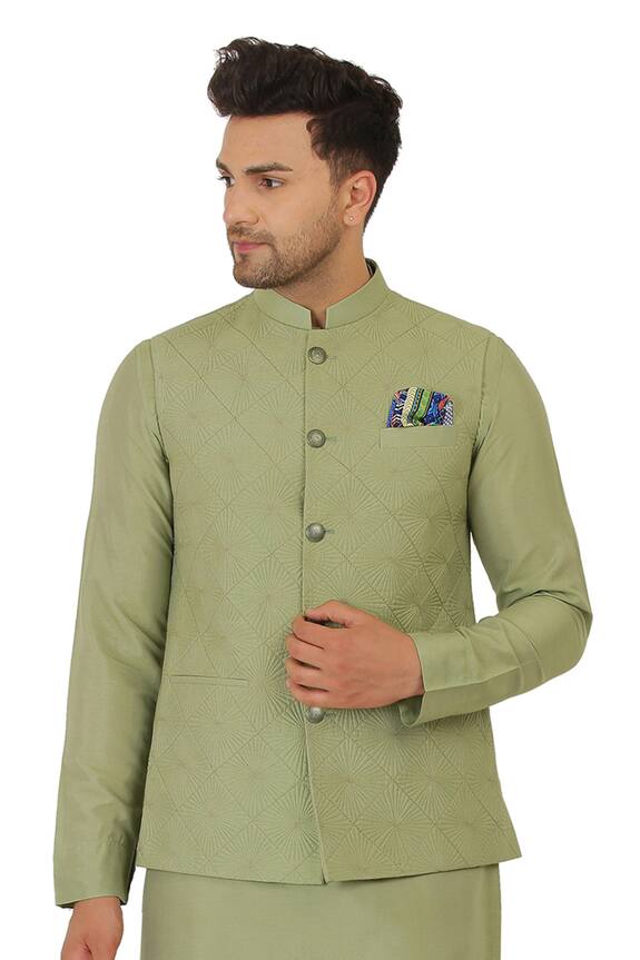 Manish Nagdeo Green Cotton Silk Quilted Bundi And Kurta Set 4