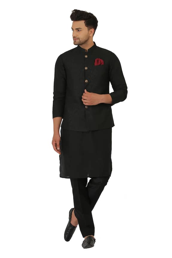 Manish Nagdeo Black Cotton Silk Button Front Bundi And Kurta Set 1
