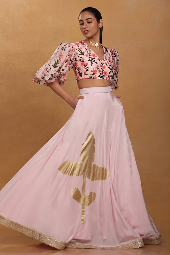 Masaba Pink Viscose Crepe Autumn Bouquet Print Skirt Set 1