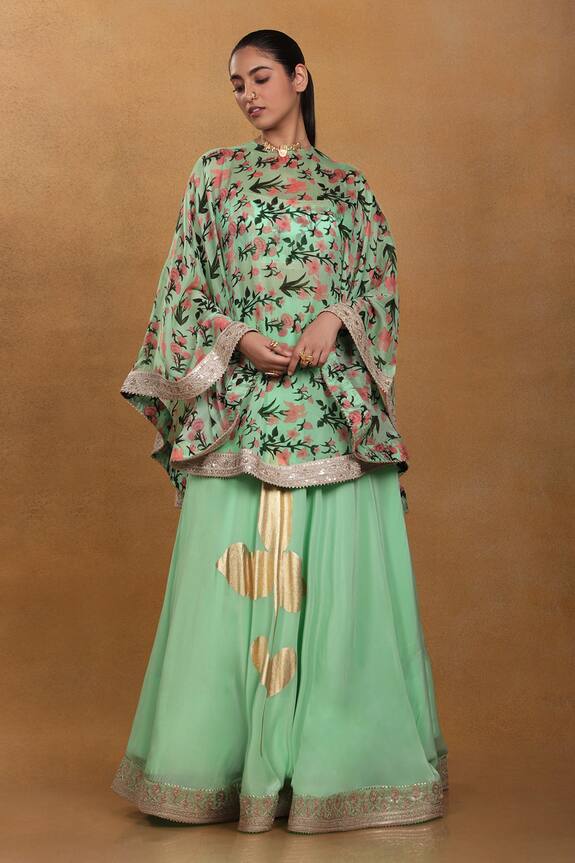 Masaba Green Viscose Crepe Autumn Bouquet Cape And Skirt Set With Can-can 1