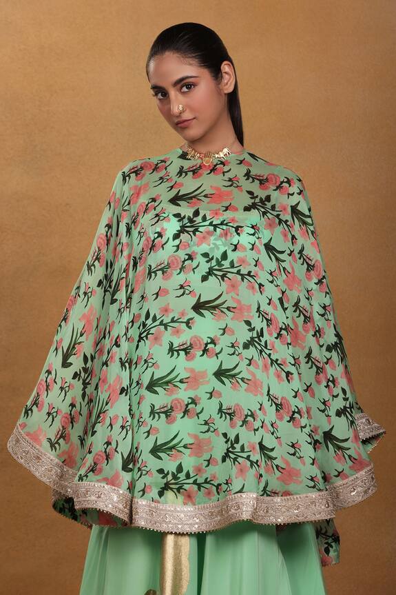 Masaba Green Viscose Crepe Autumn Bouquet Cape And Skirt Set With Can-can 4