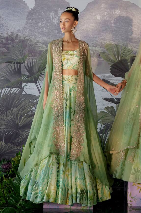 Mrunalini Rao Green Raw Silk Embroidered Cape And Skirt Set 0