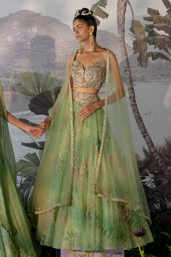 Mrunalini Rao Green Net Floral Embroidered Skirt Set 0