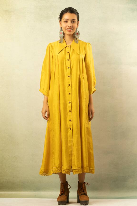 Ibai Yellow Handwoven Pure Silk Midi Dress 0