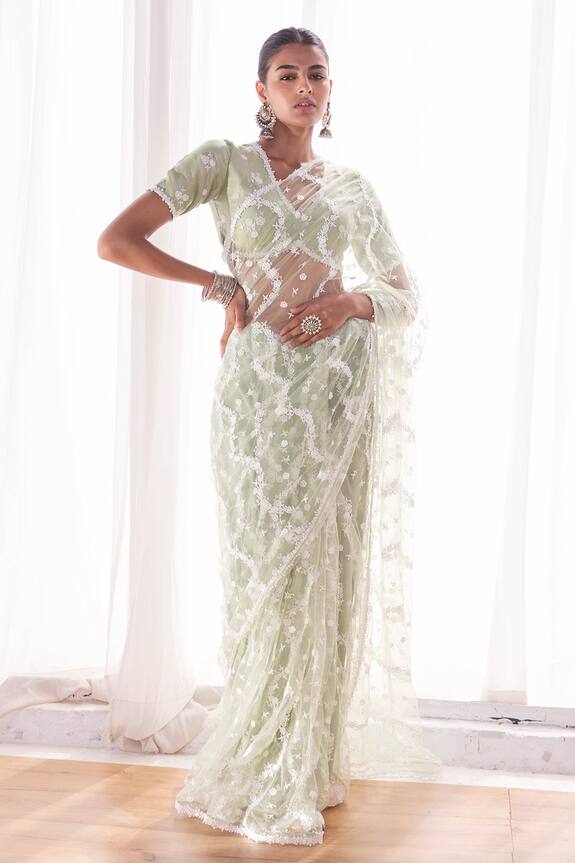 Mulmul Green Kolli Net Embroidered Saree 1