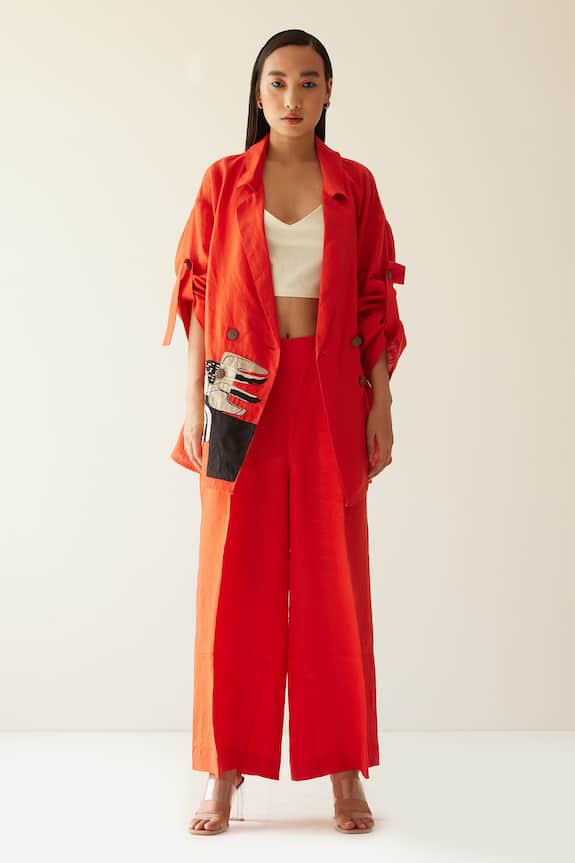 Buy Mini Sondhi Orange Linen Embroidered Blazer And Trouser Set Online ...