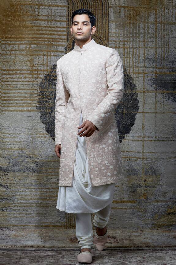Shantnu Nikhil Peach Tusser Silk Organza Sherwani And Kurta Set 0