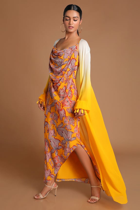 Buy Masaba Yellow Crepe Draped Dress With Tassel Jacket Online | Aza ...