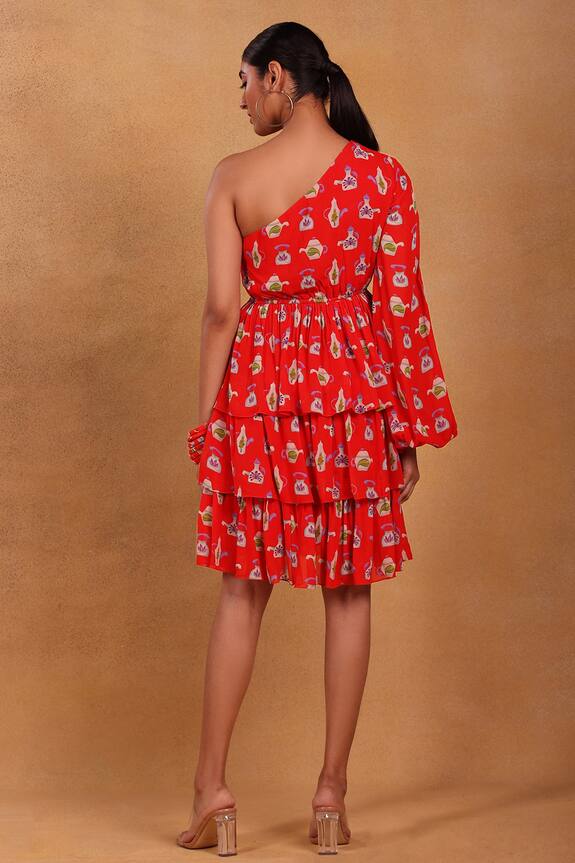 Masaba Red Georgette Tea Party Print One Shoulder Dress 2