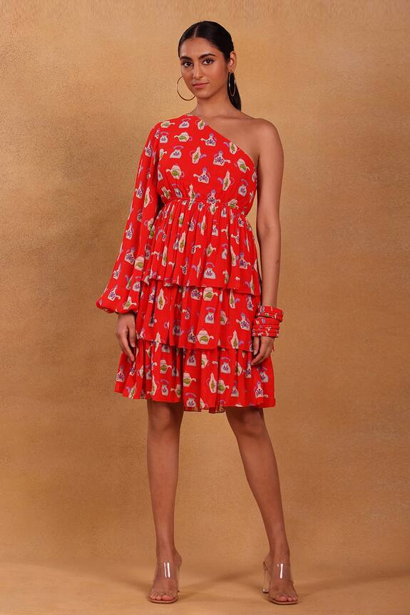 Masaba Red Georgette Tea Party Print One Shoulder Dress 3