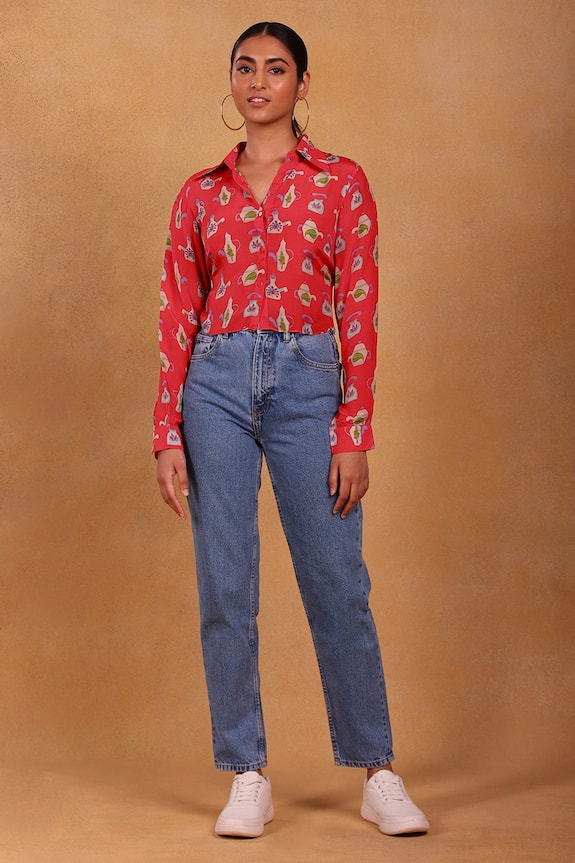 Masaba Red Crepe Tea Party Print Cropped  Shirt 1